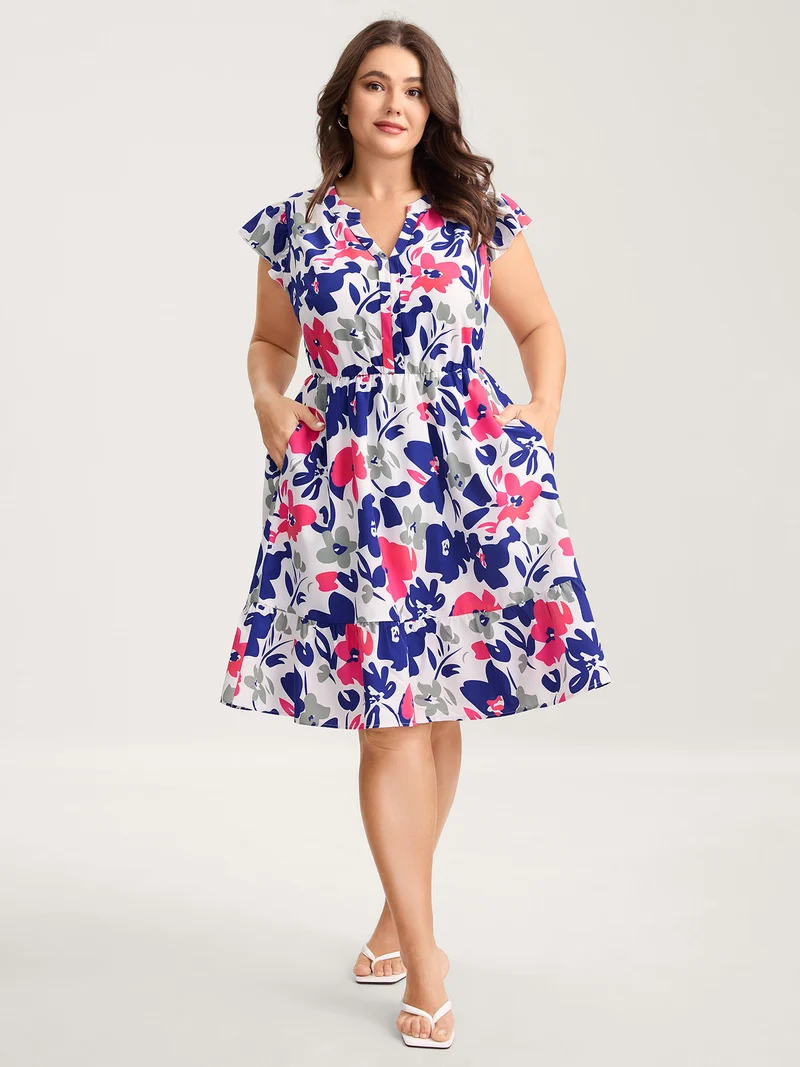 Color Block Floral Print Notched Midi Dress