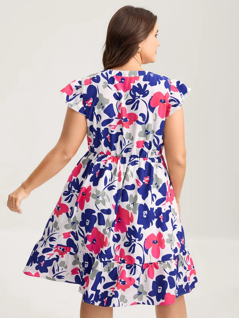 Color Block Floral Print Notched Midi Dress