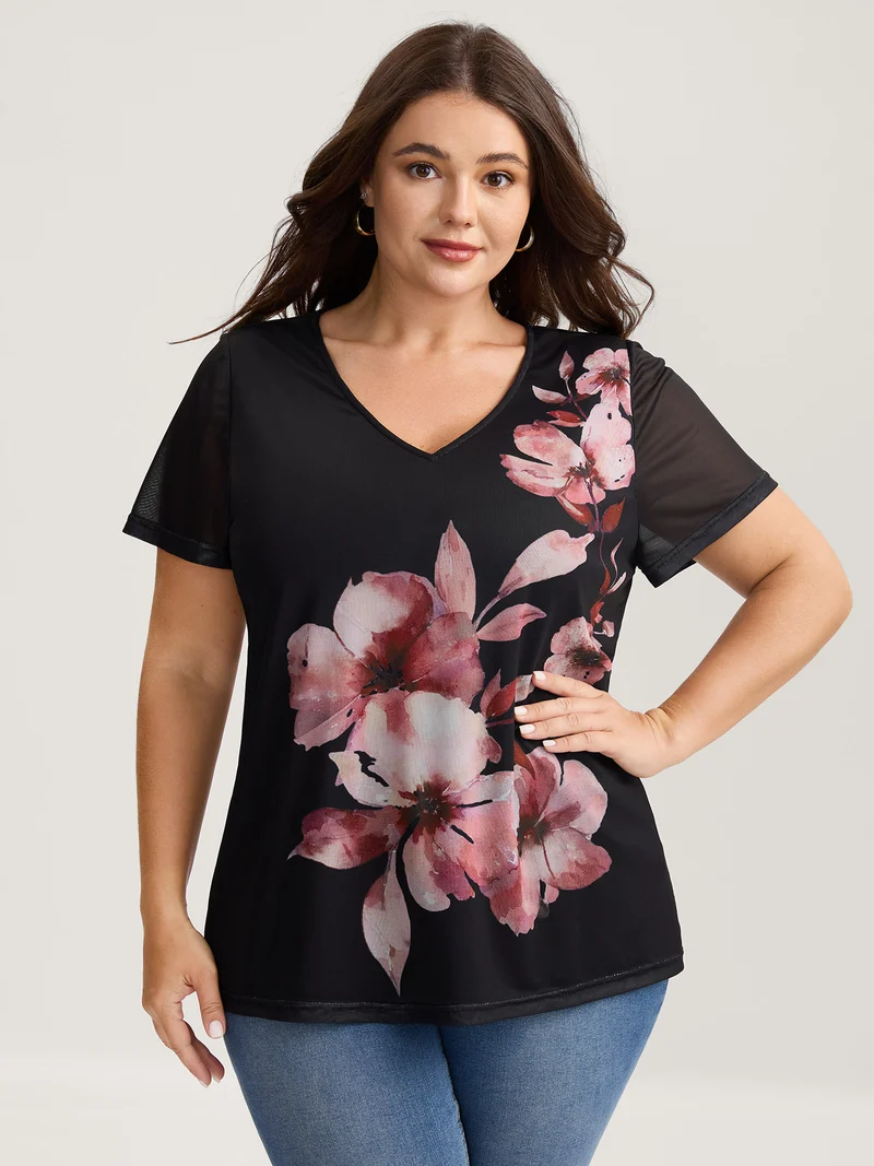 Romantic Floral Motif Sheer Knit T-Shirt