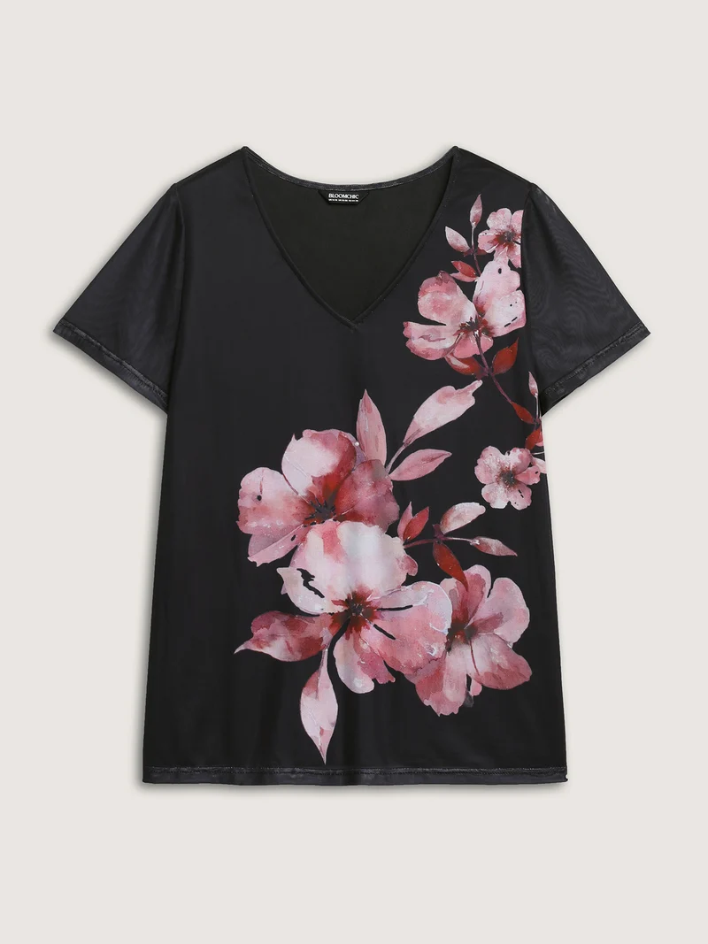 Romantic Floral Motif Sheer Knit T-Shirt