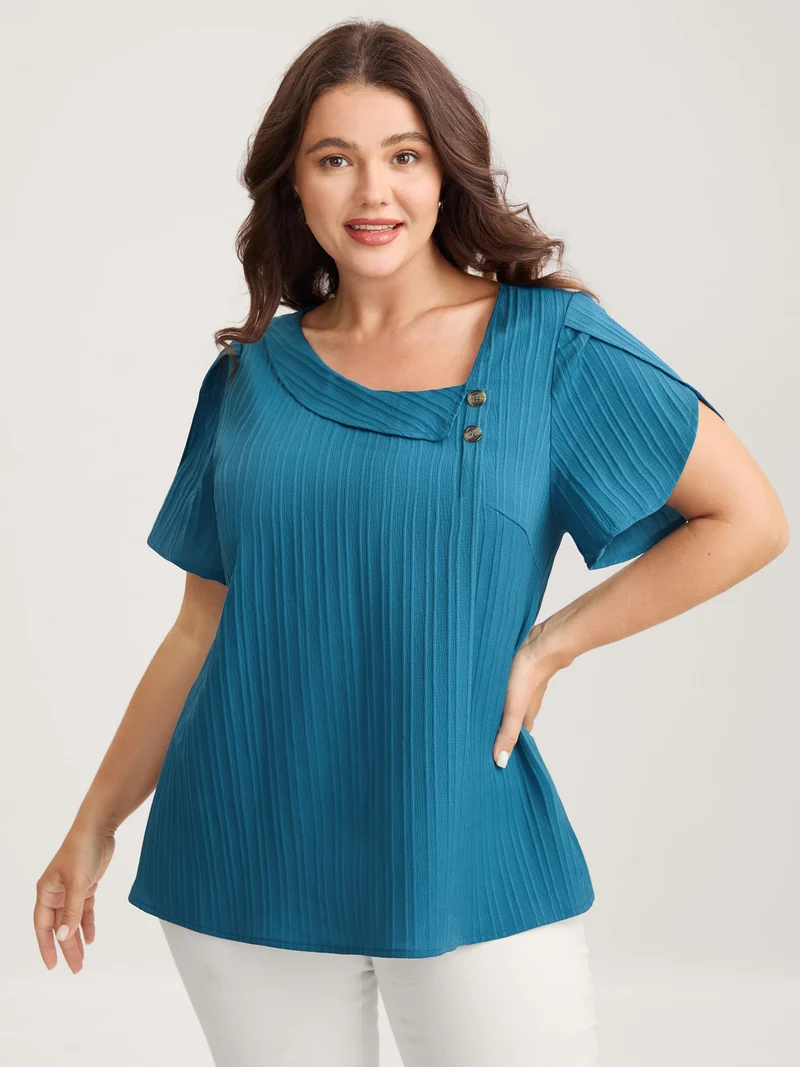 Textured Petal Sleeve Asymmetrical Neck Blouse