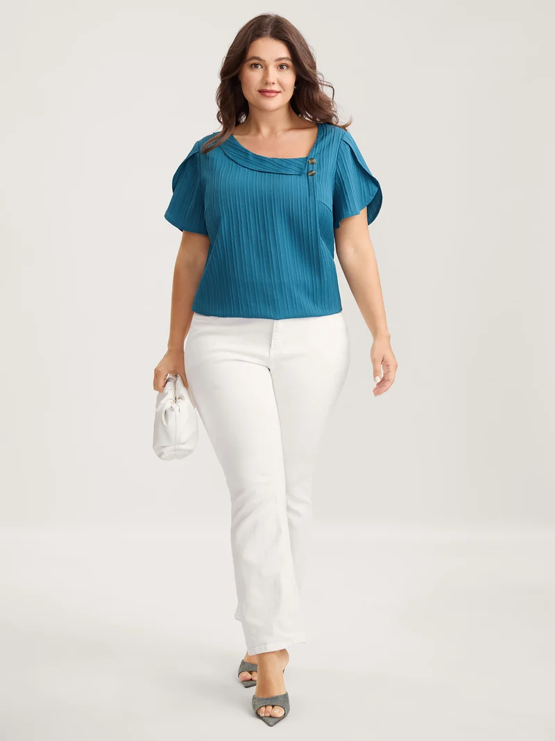 Textured Petal Sleeve Asymmetrical Neck Blouse