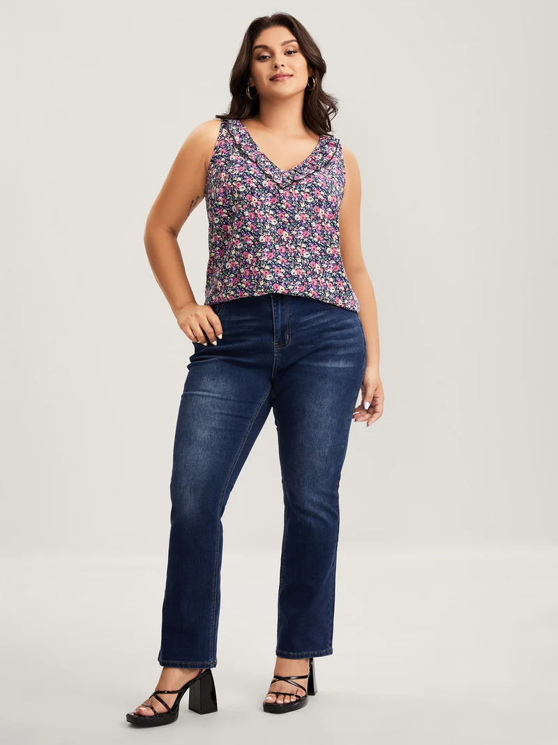 Floral Print Lotus Neck Tank Top