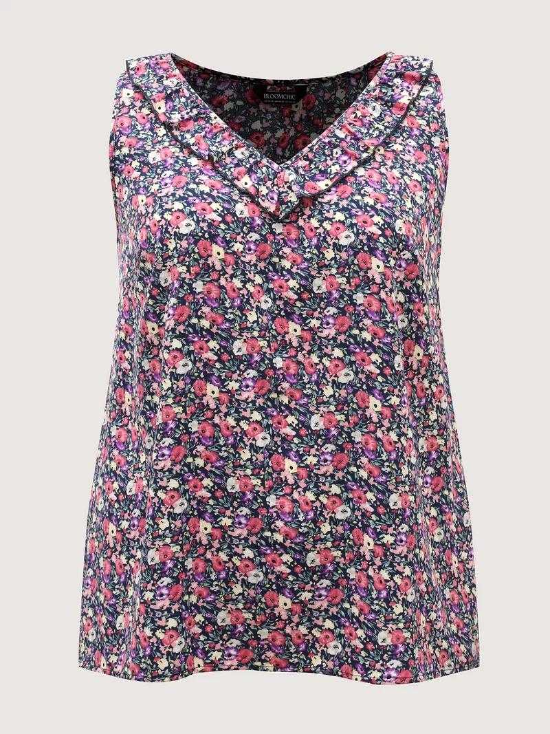 Floral Print Lotus Neck Tank Top