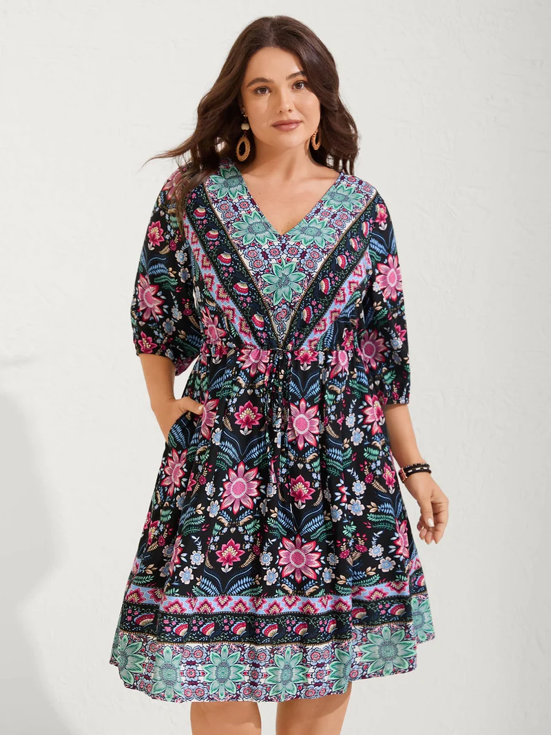 Rayon Floral Print Pockets Midi Dress
