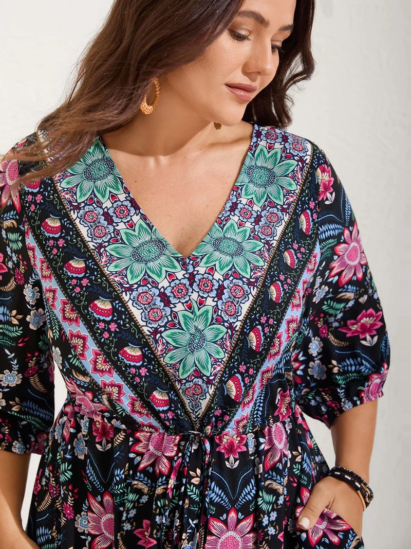 Rayon Floral Print Pockets Midi Dress
