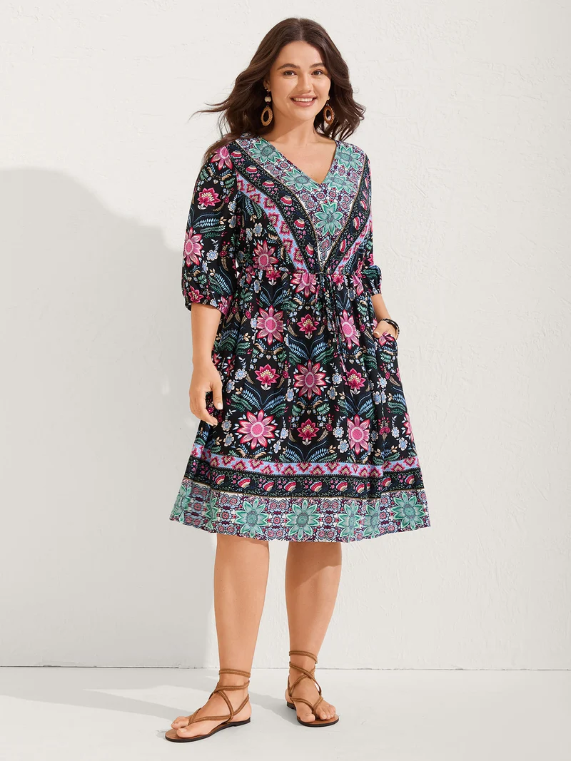 Rayon Floral Print Pockets Midi Dress