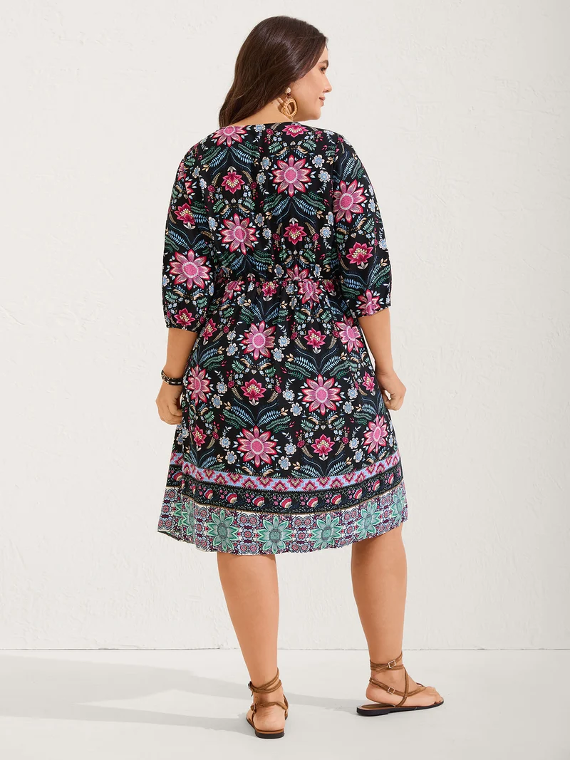 Rayon Floral Print Pockets Midi Dress
