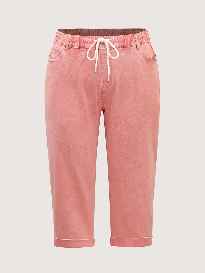 Waist Drawstring Rolled Hem Jeans