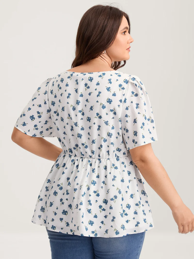 Delicate Floral Print Lotus Sleeve Blouse