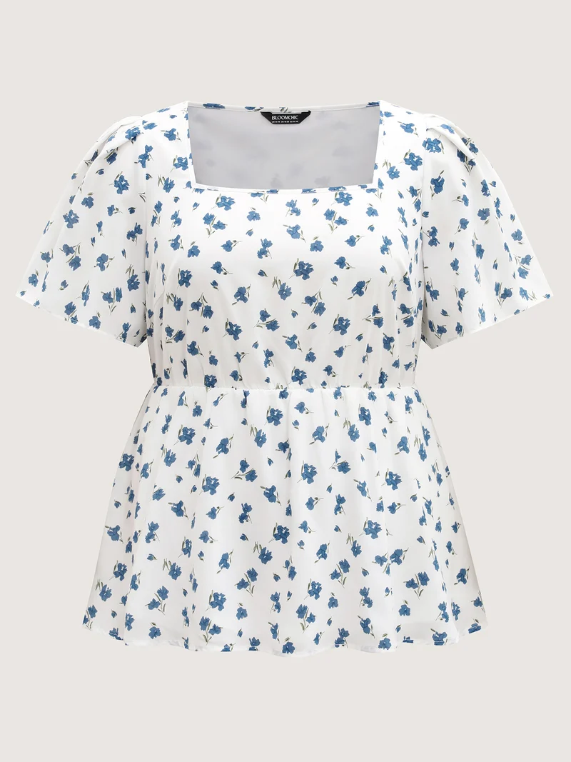 Delicate Floral Print Lotus Sleeve Blouse