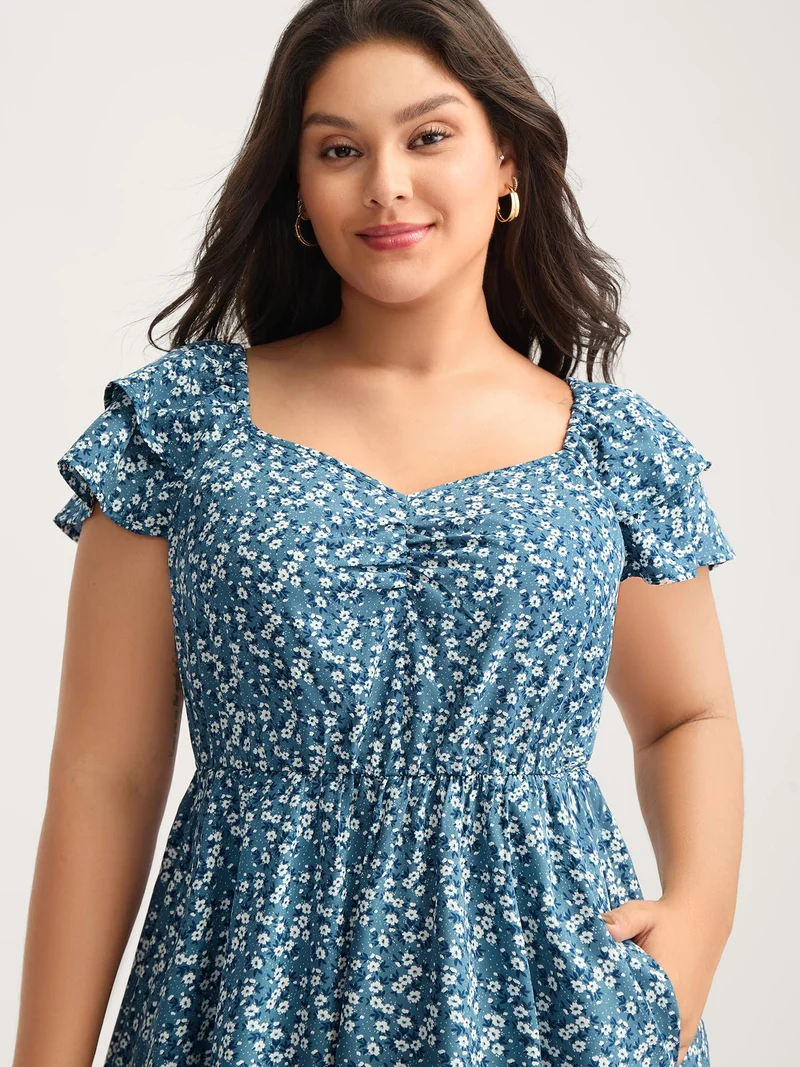 Ditsy Floral Print Layered Ruffled Sleeve Dress
