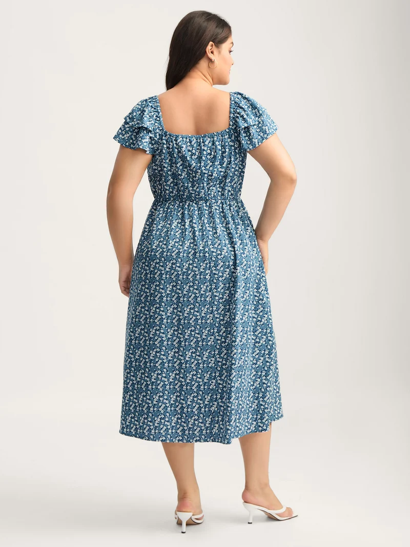 Ditsy Floral Print Layered Ruffled Sleeve Dress