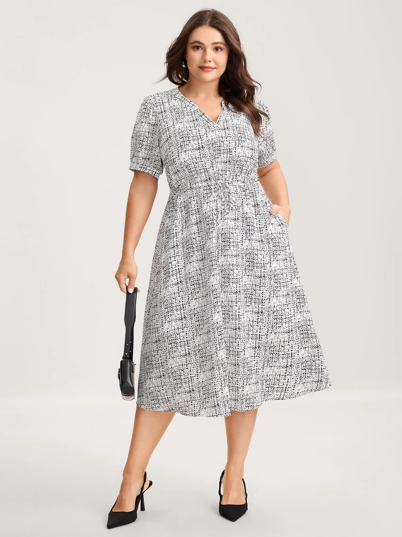 Geometric Print Notched Collar Midi Dress