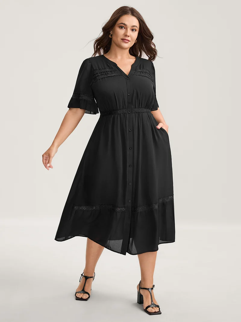 Lace Trim Button Placket Midi Dress