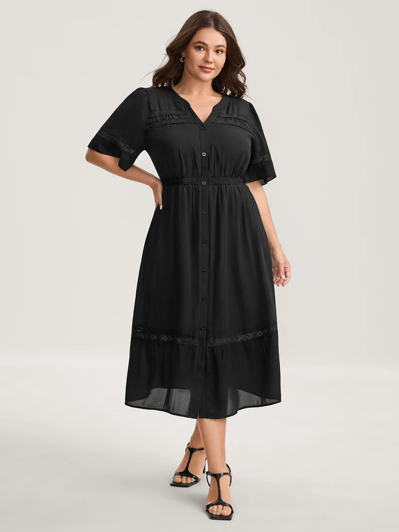 Lace Trim Button Placket Midi Dress