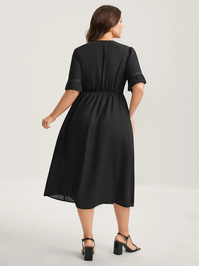 Lace Trim Button Placket Midi Dress