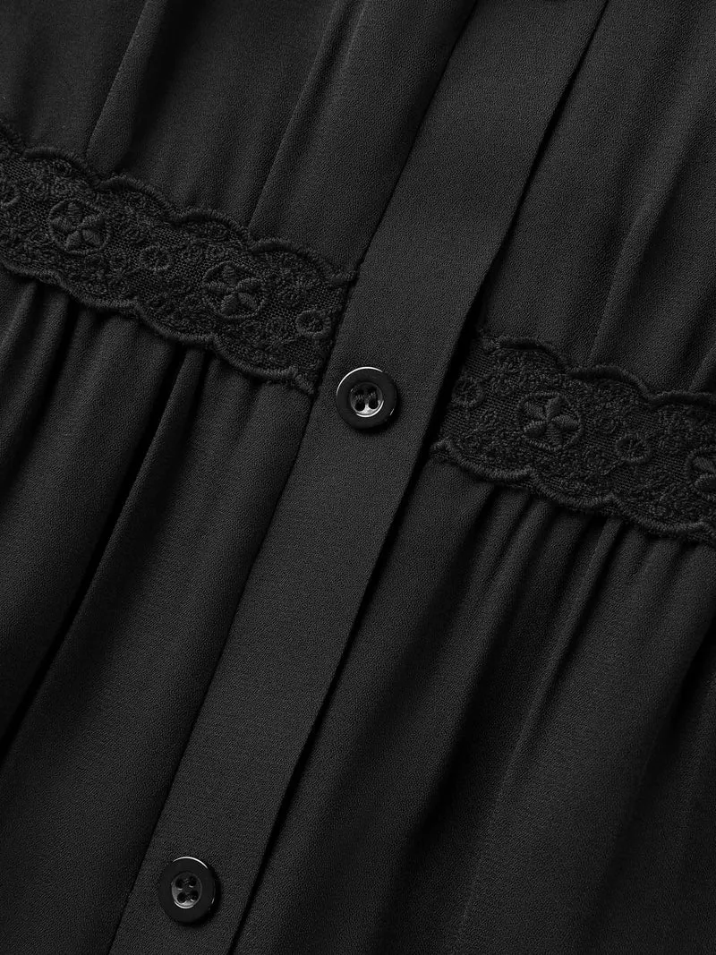 Lace Trim Button Placket Midi Dress