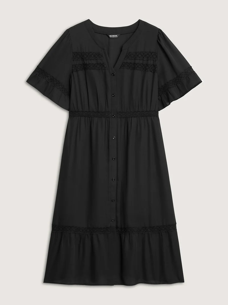 Lace Trim Button Placket Midi Dress