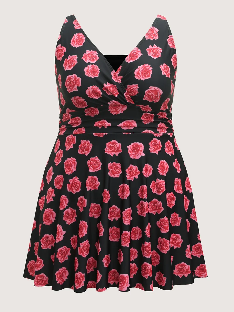 Anti-Float Tie Rosy Print Swim Dress