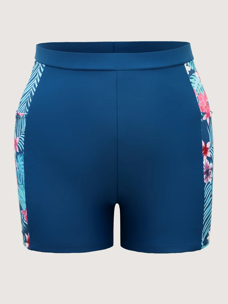 Tropical Print Side Pockets Contrast Swim Bottoms