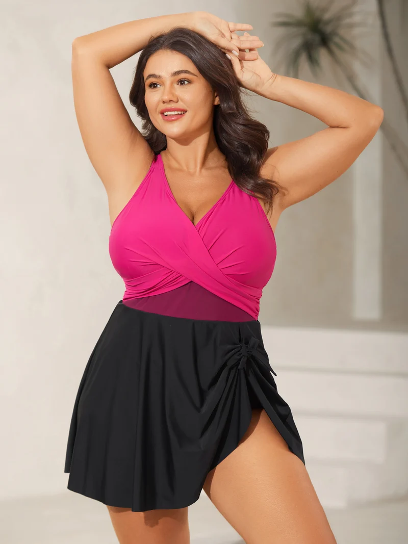 Color Block Overlap Bodice Swim Dress
