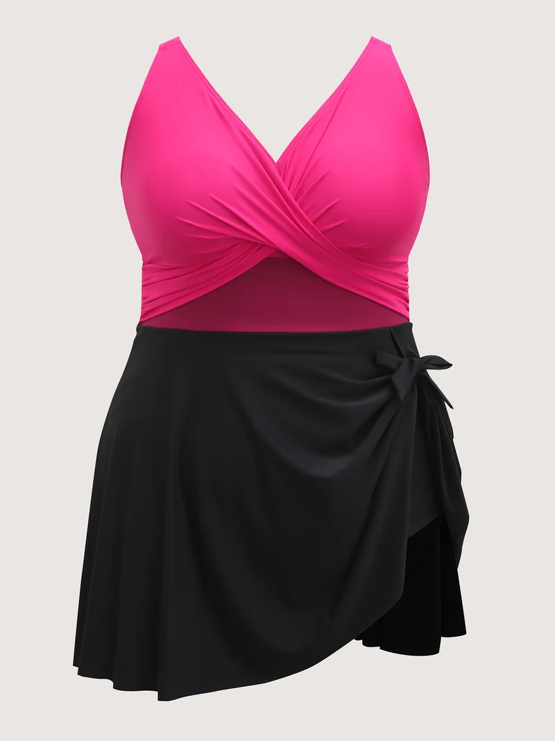 Color Block Overlap Bodice Swim Dress