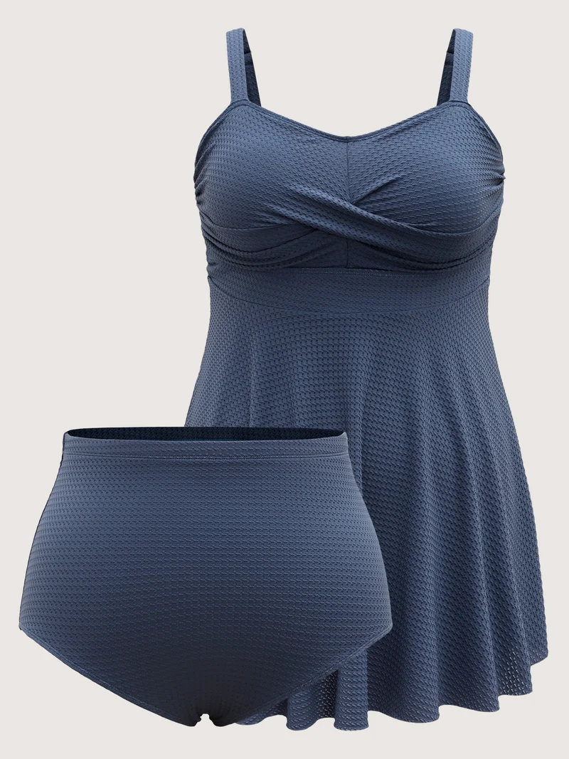 Textured Twist Front Solid Swim Dress