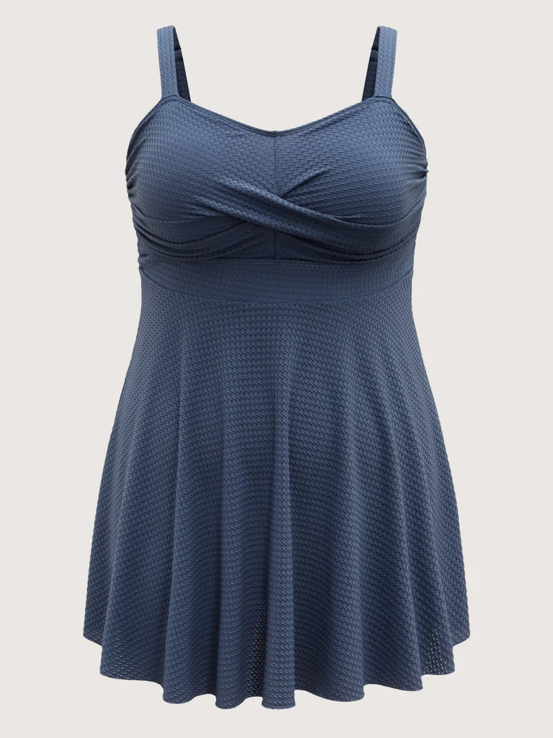 Textured Twist Front Solid Swim Dress