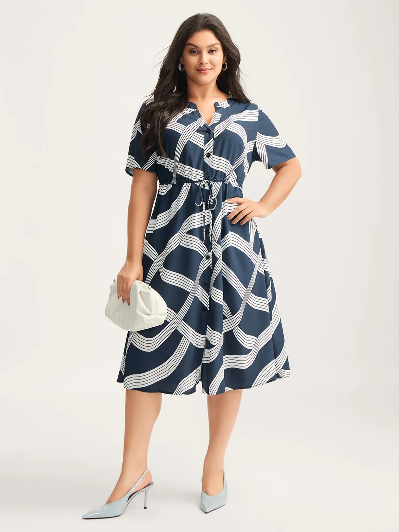 Rayon Geometric Print Waist-Tie Midi Dress