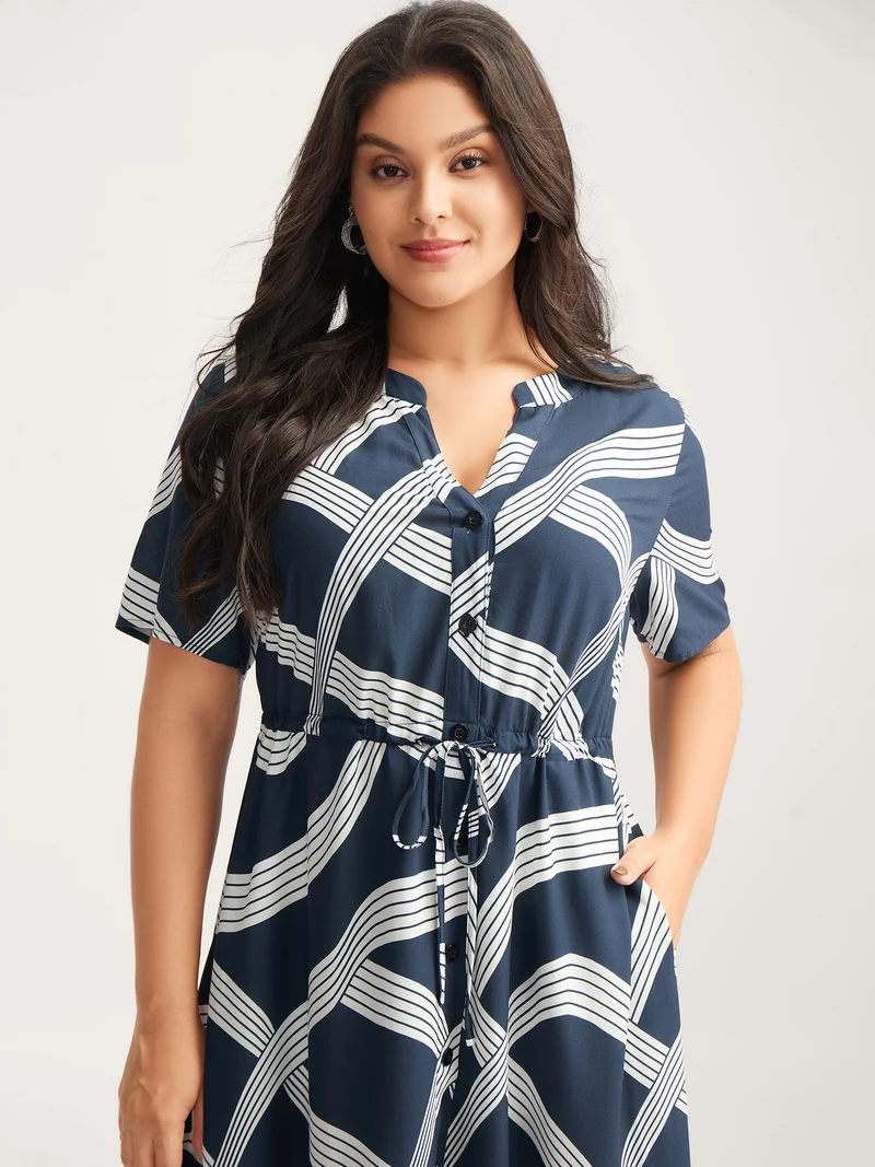 Rayon Geometric Print Waist-Tie Midi Dress