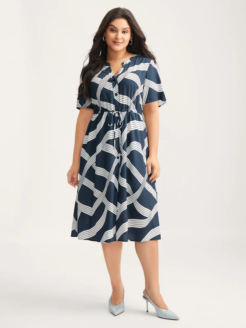 Rayon Geometric Print Waist-Tie Midi Dress