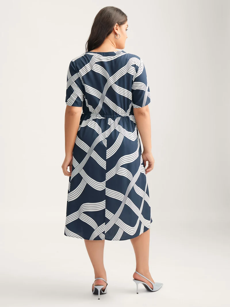 Rayon Geometric Print Waist-Tie Midi Dress