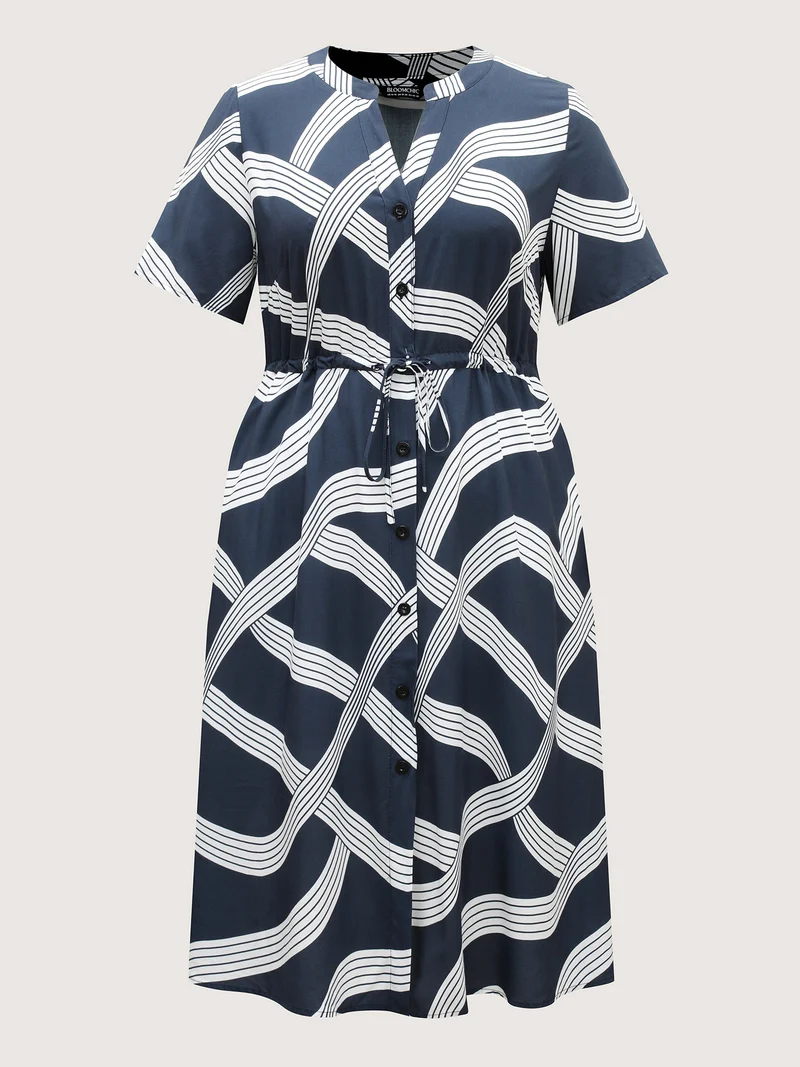 Rayon Geometric Print Waist-Tie Midi Dress