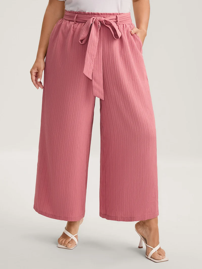 Textured Belted Wide-Leg Pants