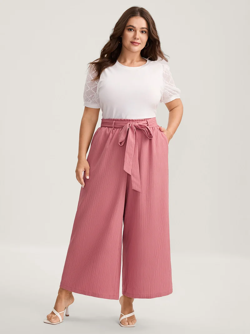 Textured Belted Wide-Leg Pants