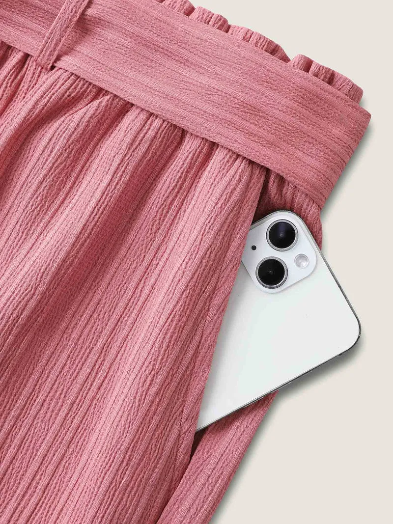 Textured Belted Wide-Leg Pants