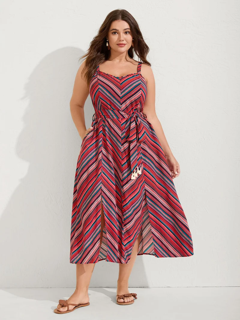 Boho Stripe Waist-Tie Cami Midi Dress