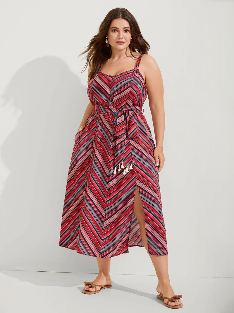 Boho Stripe Waist-Tie Cami Midi Dress