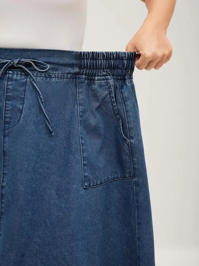 Stretchy Waist Flared Pockets Denim Skirt