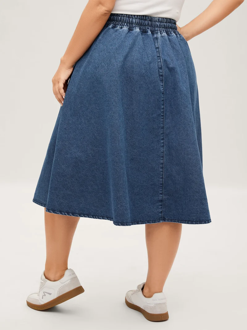 Stretchy Waist Flared Pockets Denim Skirt