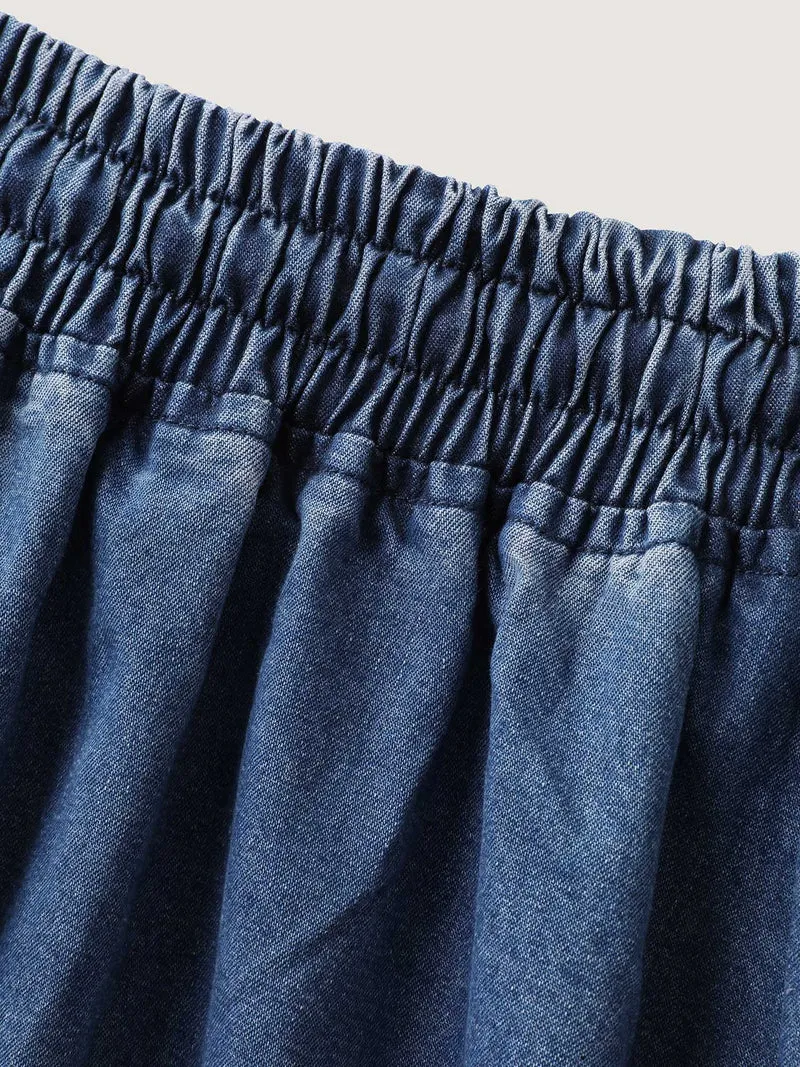 Stretchy Waist Flared Pockets Denim Skirt