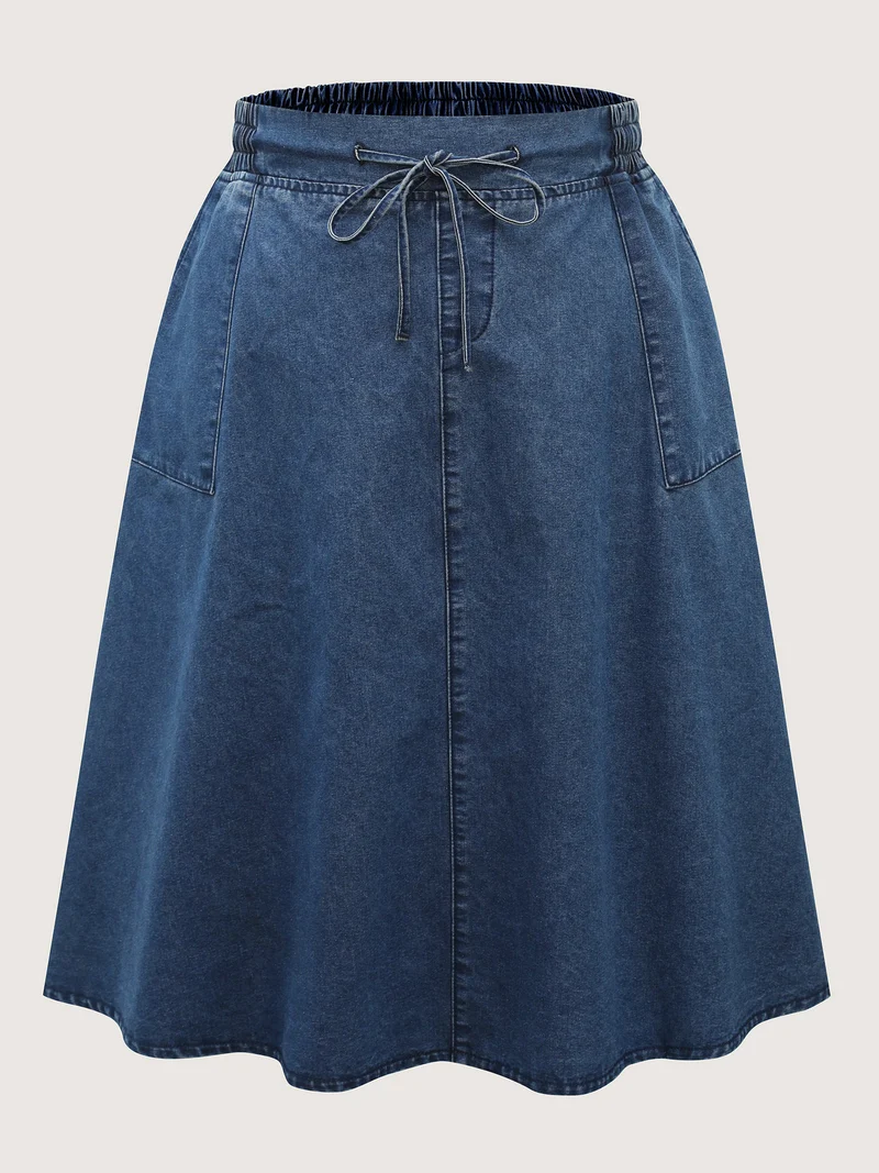 Stretchy Waist Flared Pockets Denim Skirt