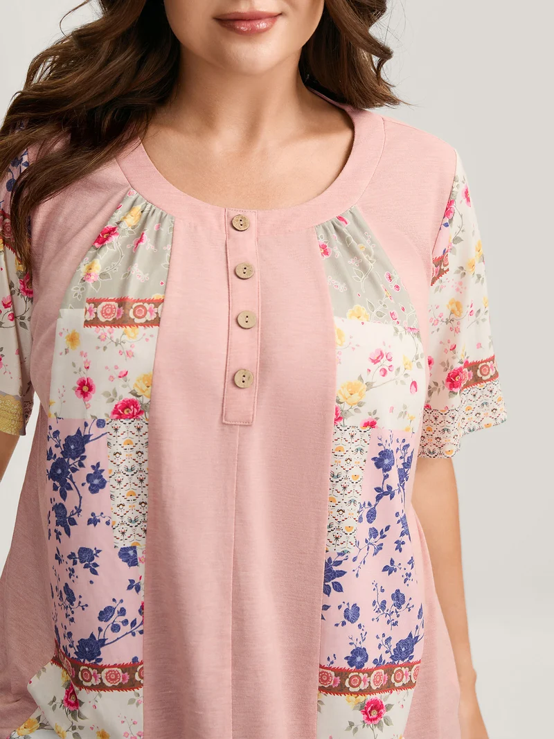 Stretchy Color Block Floral T-Shirt