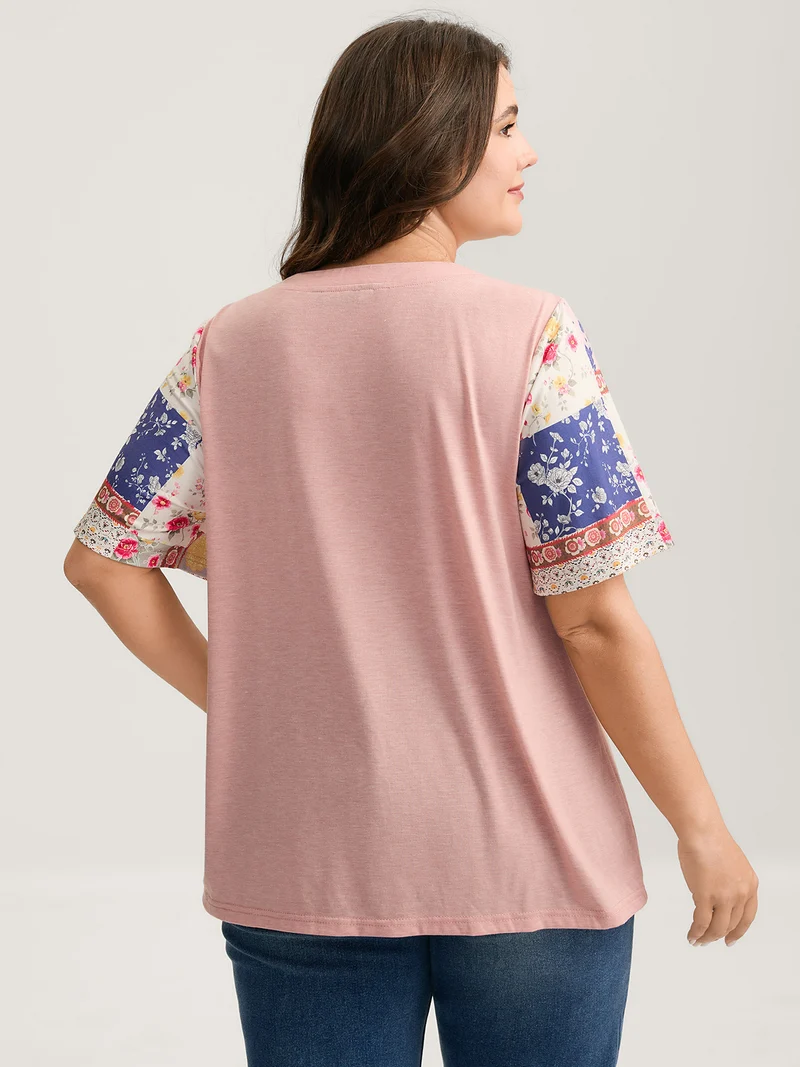 Stretchy Color Block Floral T-Shirt