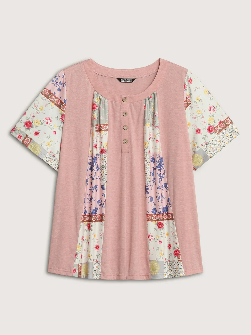 Stretchy Color Block Floral T-Shirt