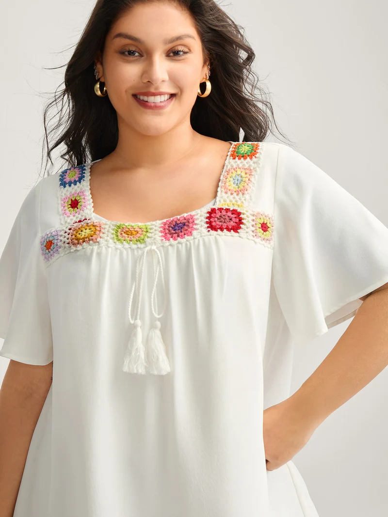 Colorful Crochet Floral Tie Blouse