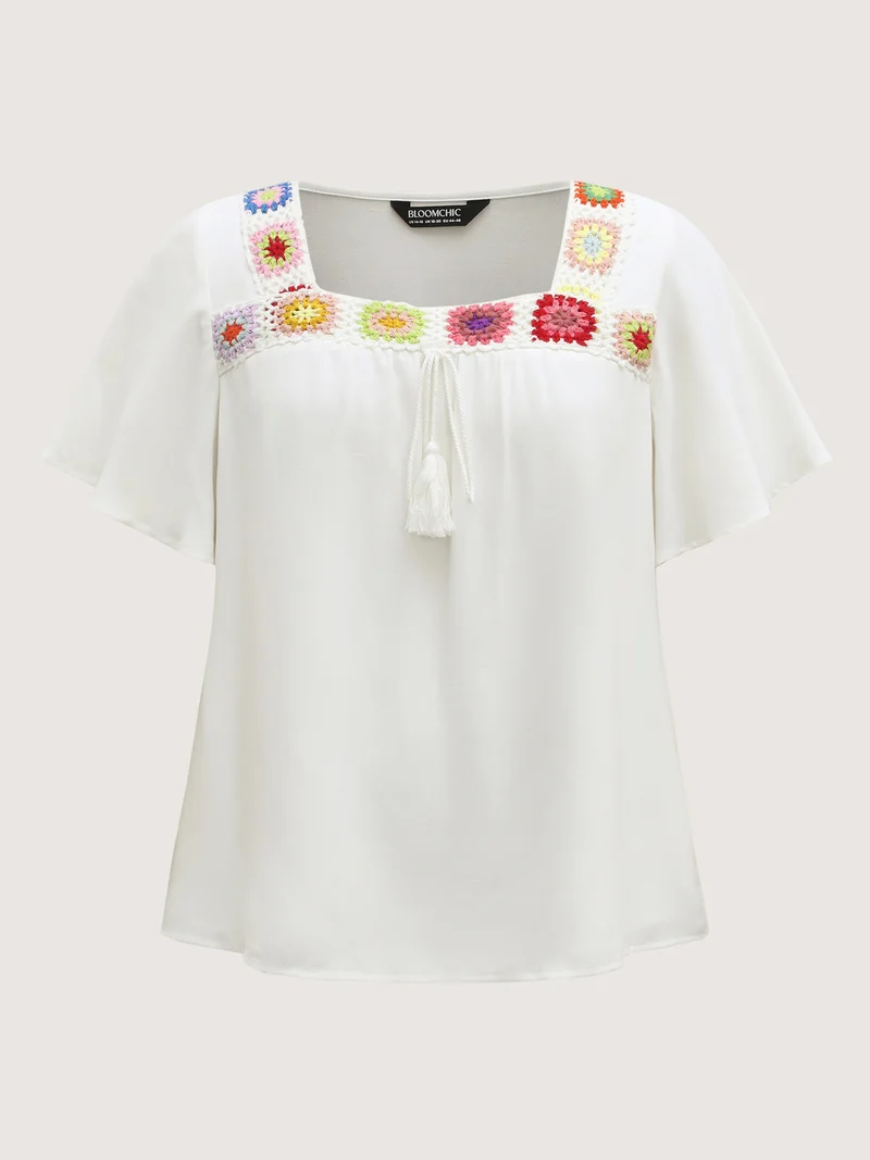 Colorful Crochet Floral Tie Blouse