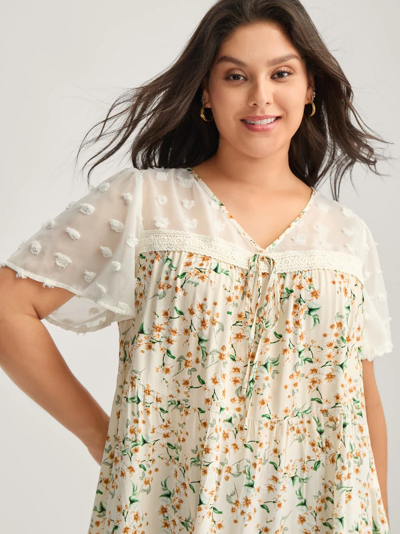 Floral Print Lace Sheer Sleeve Blouse