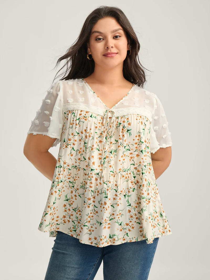Floral Print Lace Sheer Sleeve Blouse